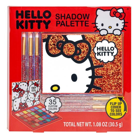 Hello Kitty Eyeshadow Palette Set - 35 Custom Colors, 5 Themed Brushes, Flip - up Glitter Cover, 8+
