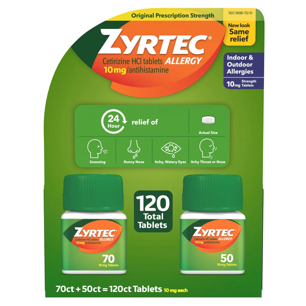 Zyrtec 24 Hour Allergy Relief Antihistamine Cetirizine HCl 10 mg, 120 Tablets