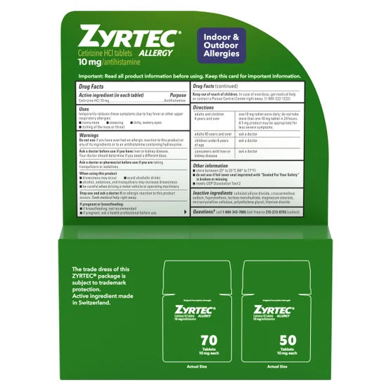 Zyrtec 24 Hour Allergy Relief Antihistamine Cetirizine HCl 10 mg, 120 Tablets