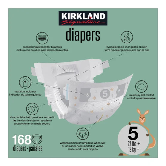 Kirkland Signature Diaper Size 5, (27+ lb/12+ kg), 168 Diapers