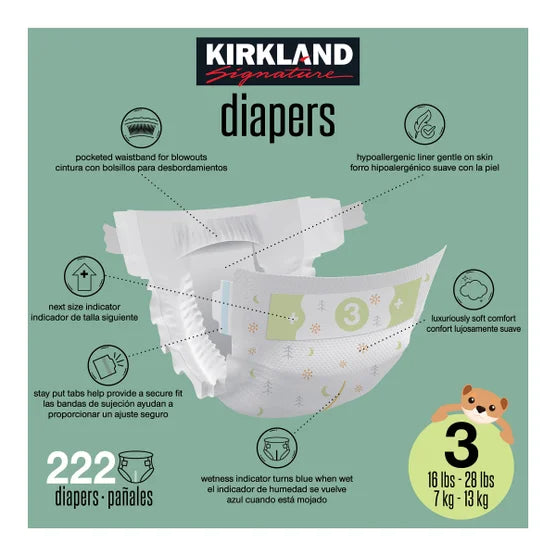 Kirkland Signature Diaper Sizes 3 - (16-28 lbs), 222 Diapers