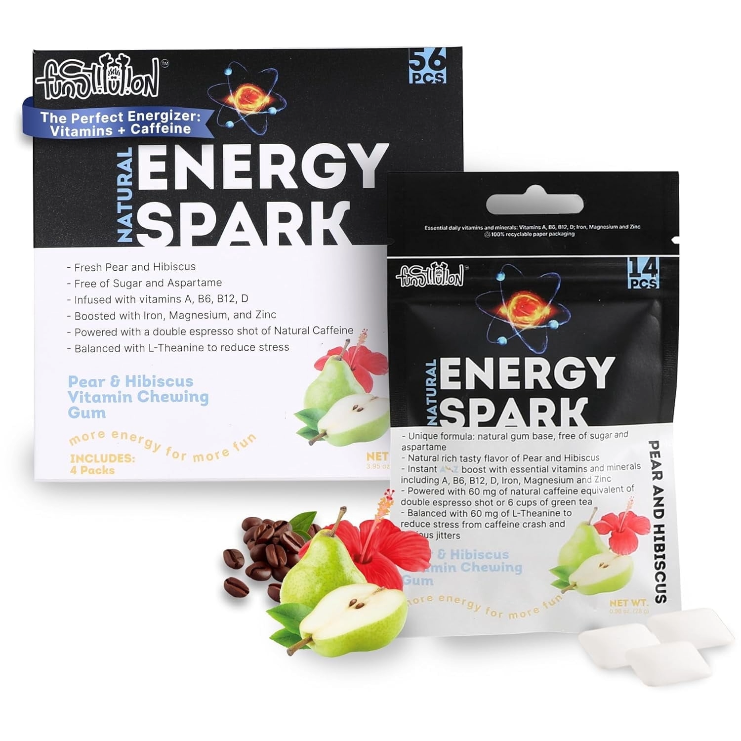 Funstitution 60 mg Natural Caffeine Gum (56pcs) | Contains Vitamin A, B6, B12, D, L-Theanine, Xylitol, Iron, Zinc, Magnesium | Focus & Energy Gum Caffeinated For Athletes | Pear And Hibiscus Flavor