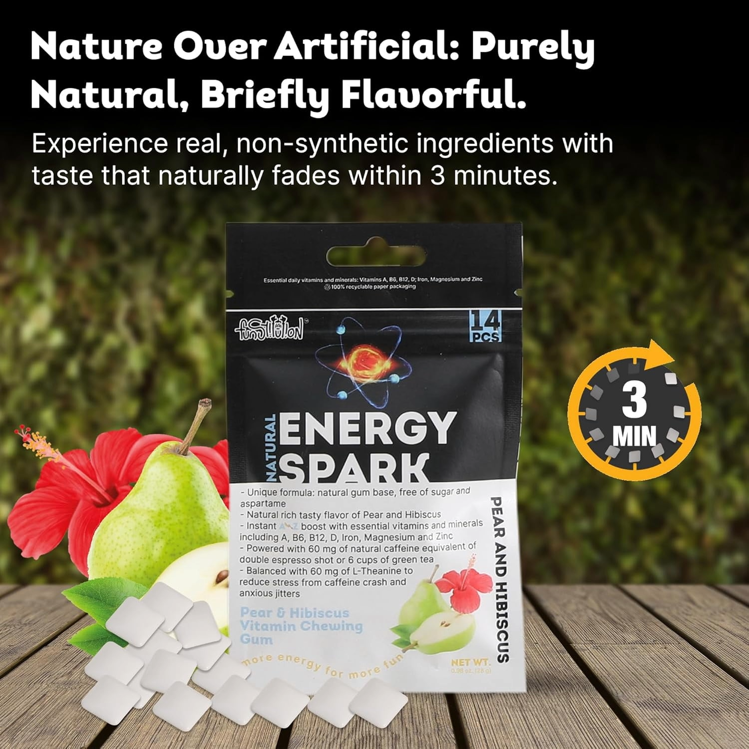 Funstitution 60 mg Natural Caffeine Gum (56pcs) | Contains Vitamin A, B6, B12, D, L-Theanine, Xylitol, Iron, Zinc, Magnesium | Focus & Energy Gum Caffeinated For Athletes | Pear And Hibiscus Flavor