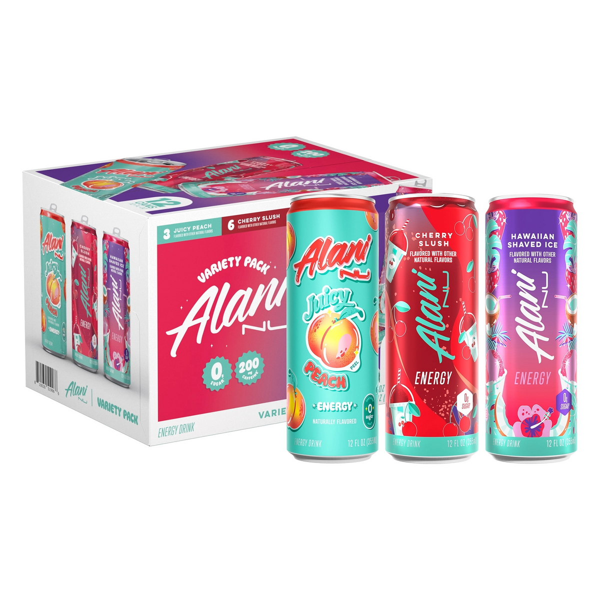 Alani Nu Sugar Free Energy Drink, Variety Pack, Cherry Slush, Juicy Peach, Hawaiian Shaved Ice, 12 fl oz, 12 Pack, Cans, 200mg Caffeine