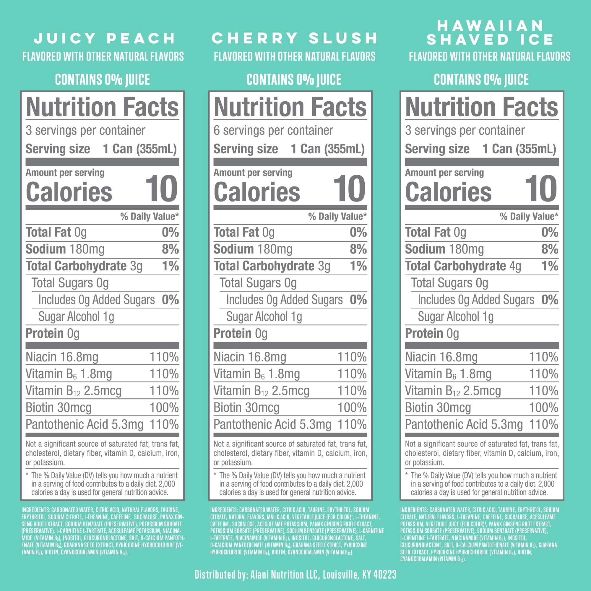 Alani Nu Sugar Free Energy Drink, Variety Pack, Cherry Slush, Juicy Peach, Hawaiian Shaved Ice, 12 fl oz, 12 Pack, Cans, 200mg Caffeine