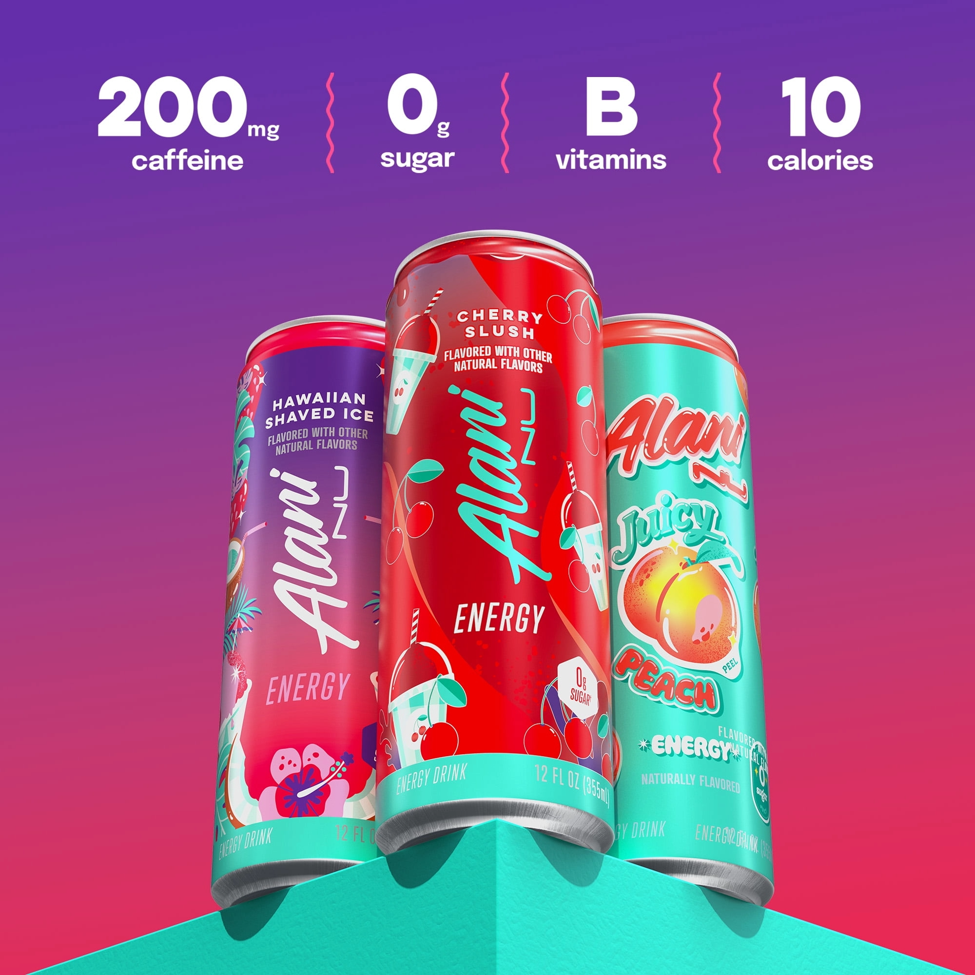 Alani Nu Sugar Free Energy Drink, Variety Pack, Cherry Slush, Juicy Peach, Hawaiian Shaved Ice, 12 fl oz, 12 Pack, Cans, 200mg Caffeine