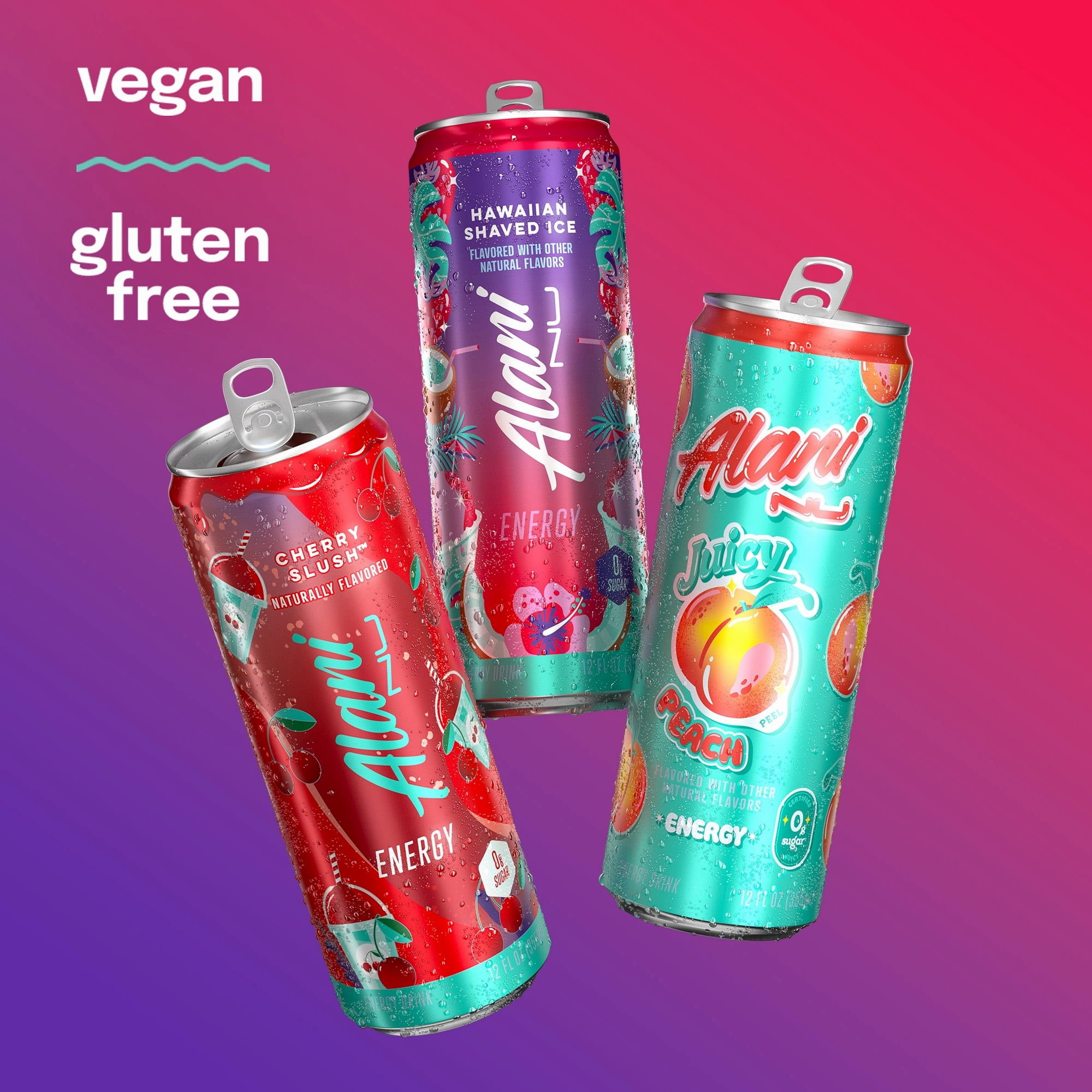 Alani Nu Sugar Free Energy Drink, Variety Pack, Cherry Slush, Juicy Peach, Hawaiian Shaved Ice, 12 fl oz, 12 Pack, Cans, 200mg Caffeine