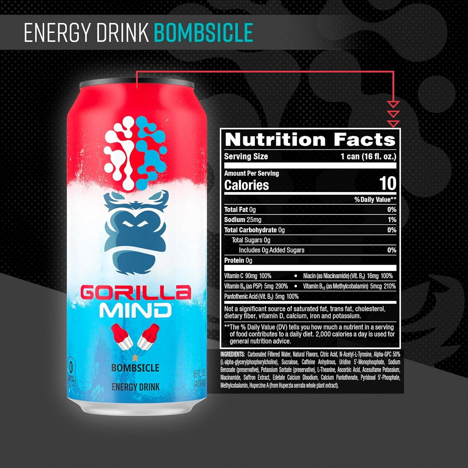 Gorilla Mind Energy Drink, No Sugar or Artificial Colors, Bombsicle, 16 oz, 12 pack Cans