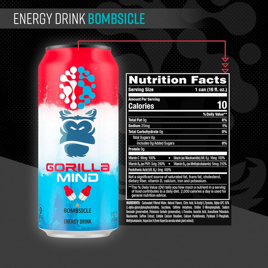 Gorilla Mind Energy Drink, No Sugar or Artificial Colors, Bombsicle, 16 oz, 12 pack Cans