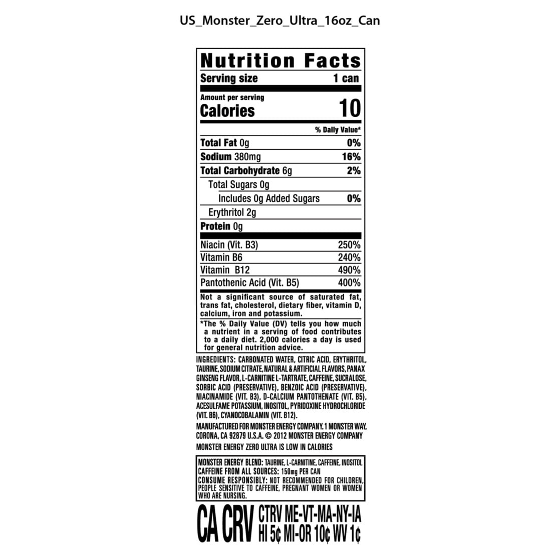 Monster Energy, Zero Ultra, Sugar Free Energy Drink, 12 Pack - 16 Fl Oz