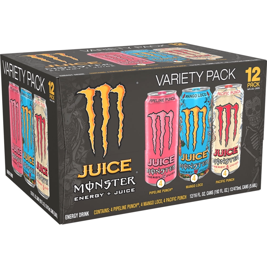 Juice Monster Variety Pack PPMLPP, Juice + Energy Drink, 12 Pack - 16 Fl Oz