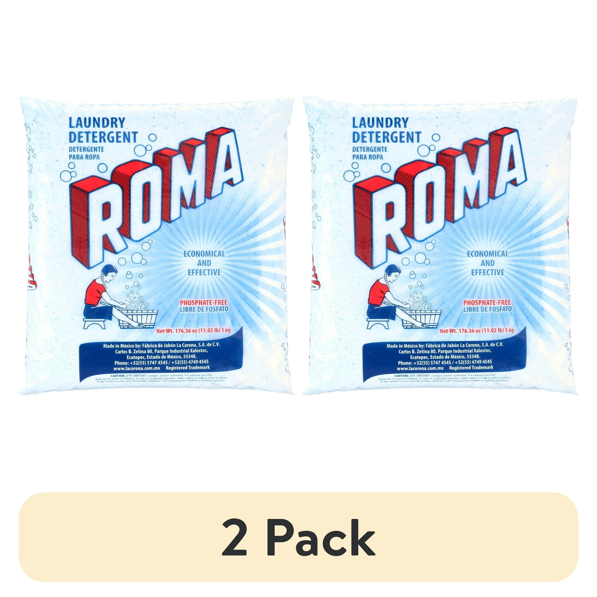 (2 pack) Roma Laundry Detergent, Heavy-Duty Use, All Ages, Biodegradable & Phosphate-Free, Fast Dissolving Laundry Detergent, Powder Cleanser with Anionic Surfactant, 11 lb