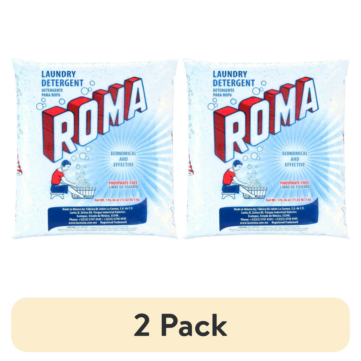 (2 pack) Roma Laundry Detergent, Heavy-Duty Use, All Ages, Biodegradable & Phosphate-Free, Fast Dissolving Laundry Detergent, Powder Cleanser with Anionic Surfactant, 11 lb